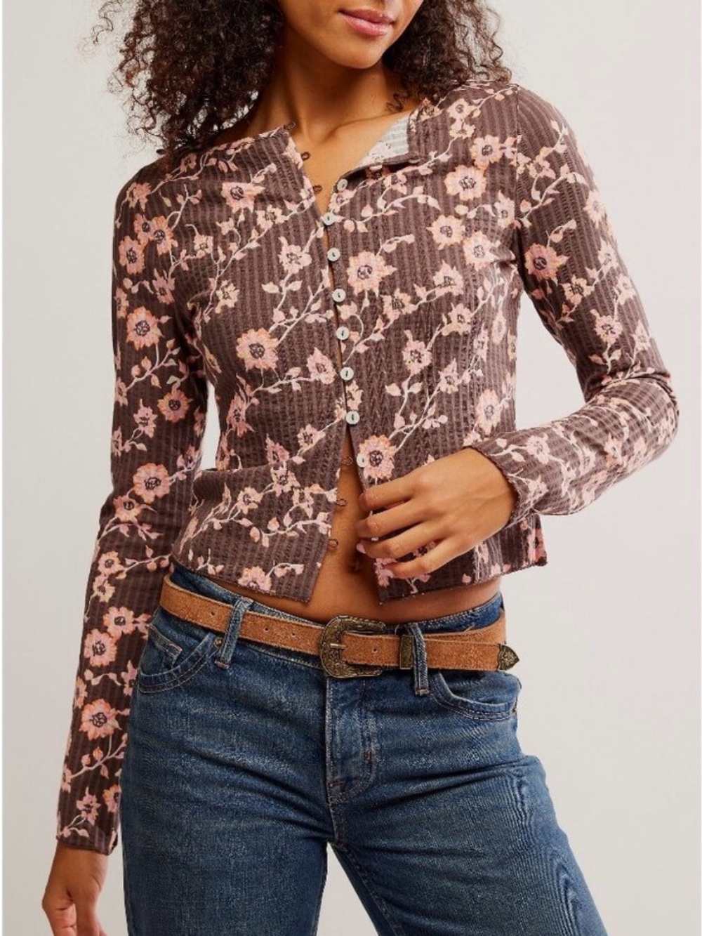 NWT Free People Floral Thermal Henley Top French Chocolate Combo Medium